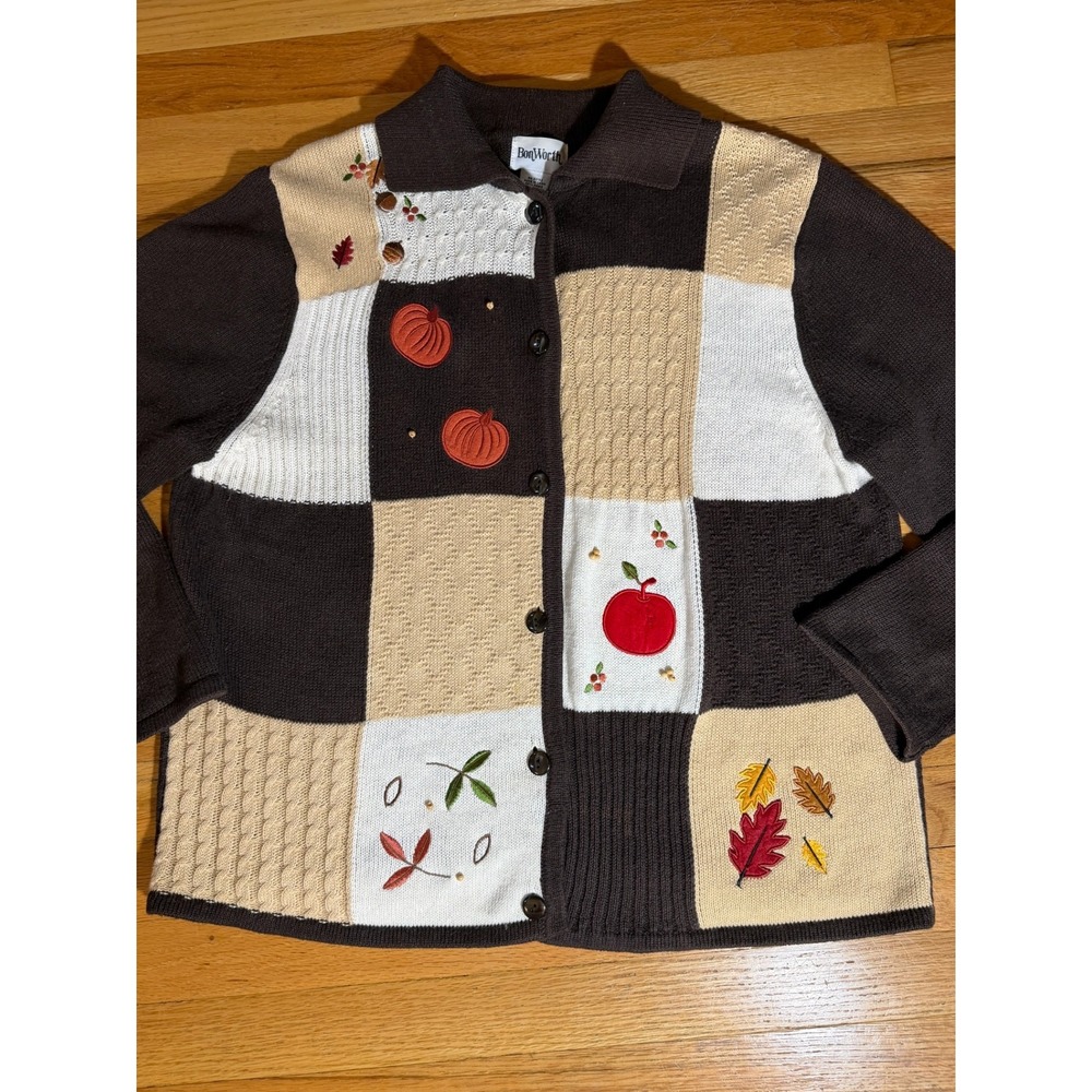 BonWorth Brown Patchwork Autumn Pumpkin Apple Cardigan Sweater Large Petite